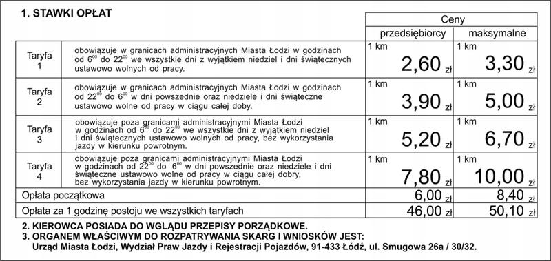 Ceny taxi w Łodzi